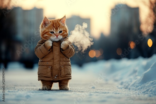 Sad cute baby cat european shorthair in winter warm clothes, steam coming from nose and mouth in cold air. Problem of struggling animals. Social promotion - animal care. Freezing kitten safety. photo