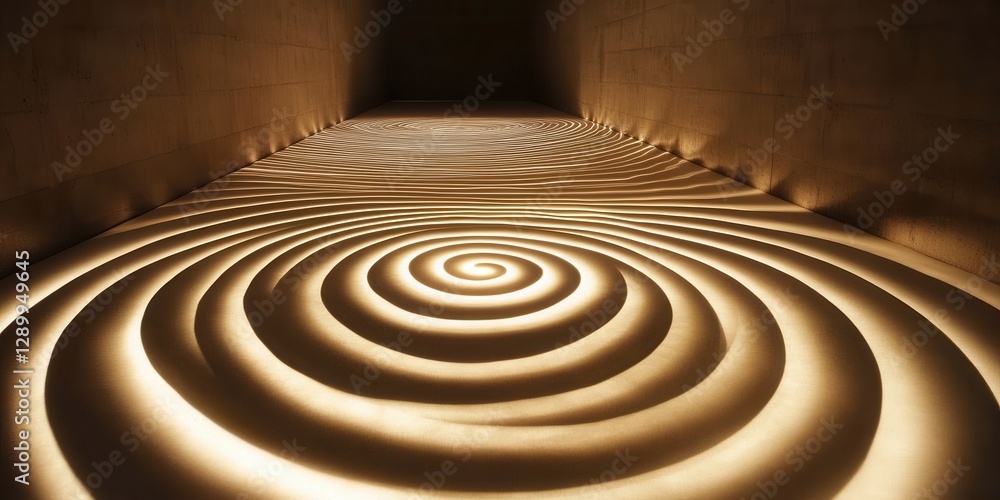 Fototapeta premium Abstract Architecture Concrete Hallway with Striking Illuminated Spiral Pattern on Floor.
