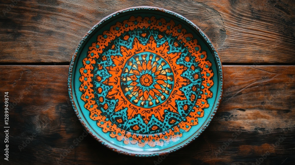 Hand-painted Decorative Plate on Rustic Wooden Table Hand-painted Decorative Plate on Rustic Wooden Table
