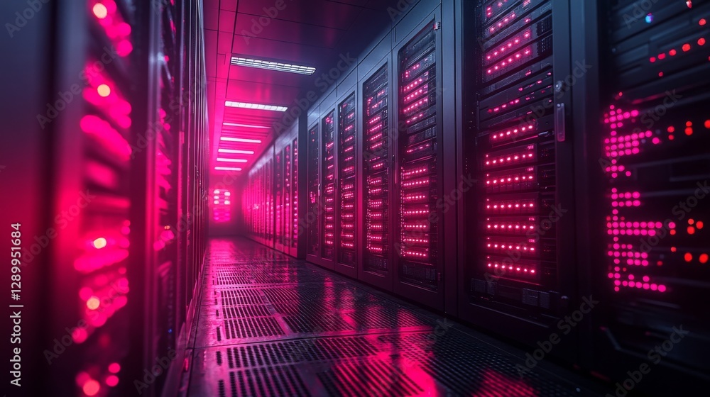 Futuristic data center with vibrant pink lighting Futuristic data center with vibrant pink lighting