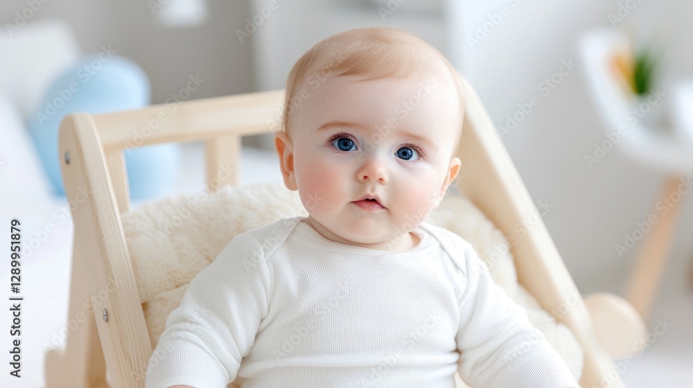 Baby sitting in wooden chair, indoor, neutral background, portrait, possible use for baby product advertisement