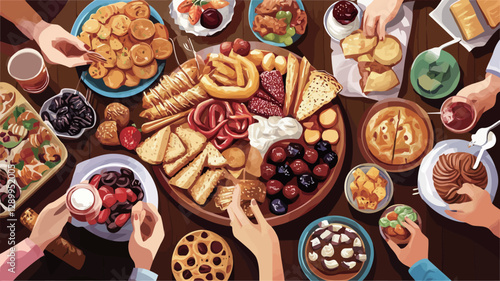 High-angle, close-up view of a large, round table laden with a wide variety of food items.  Numerous hands reach in from the sides to partake in the meal.  The food items appear diverse,