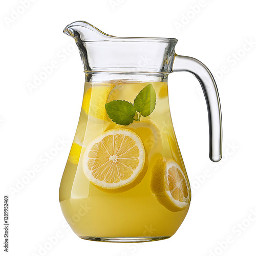 a refreshing pitcher of lemonade with lemon slices and mint leaves.