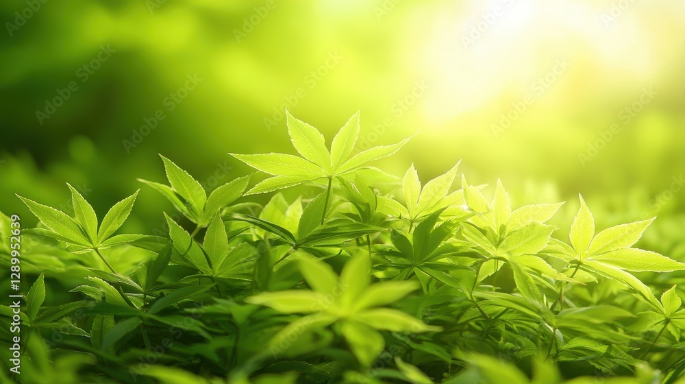 A soft and dreamy backdrop, where gentle green leaves blur into a gradient of soft greens, creating a serene and tranquil atmosphere. 