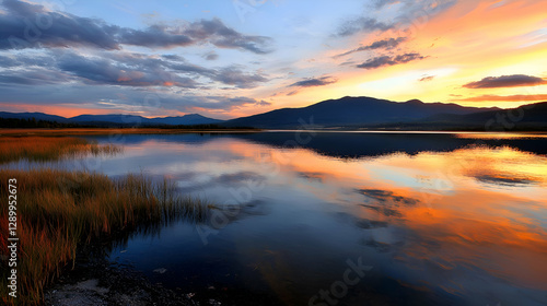 Wallpaper Mural Vibrant Sunset Over Still Lake Reflecting Mountains Torontodigital.ca