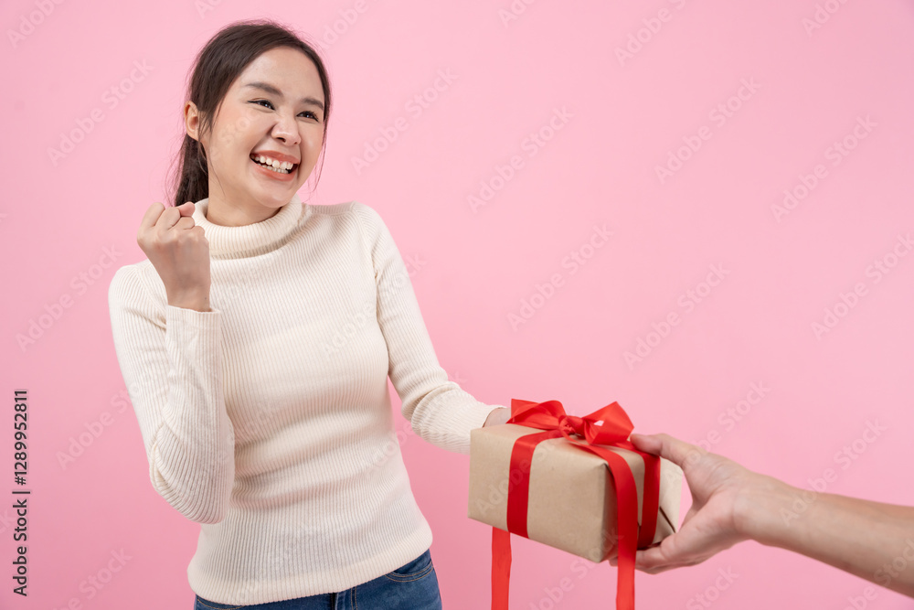 Pretty asian woman feel surprise and look interest gift box. cute girl excited open gift box. birthday, Celebration, xmas, New year Festival, thank, Celebrate, Valentine's Day, Anniversary. Pretty asian woman feel surprise and look interest gift box. cute girl excited open gift box. birthday, Celebration, xmas, New year Festival, thank, Celebrate, Valentine's Day, Anniversary.
