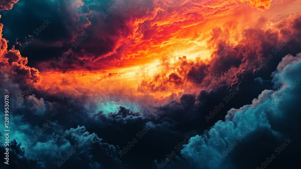 Dramatic sunset over vibrant, swirling cloudscape. Dramatic sunset over vibrant, swirling cloudscape.