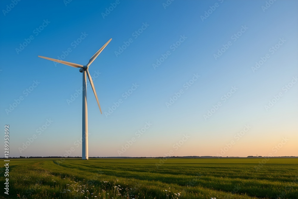 White Wind Turbine Amid Lush Green Field and Vibrant Horizon White Wind Turbine Amid Lush Green Field and Vibrant Horizon
