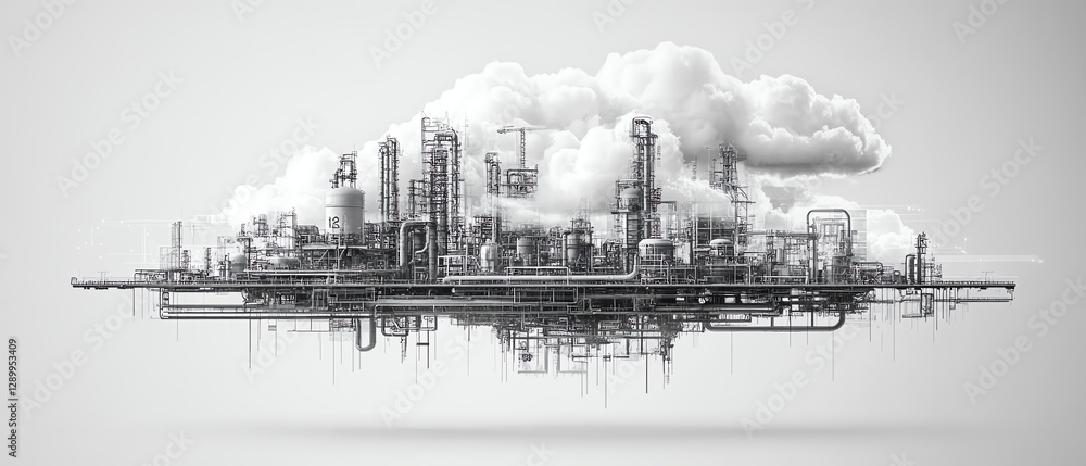 Fototapeta premium Digital artwork of cloud computing integrated with a pipe network, representing Industry 40, automation, cyberspace, and machine learning processes in digital infrastructure