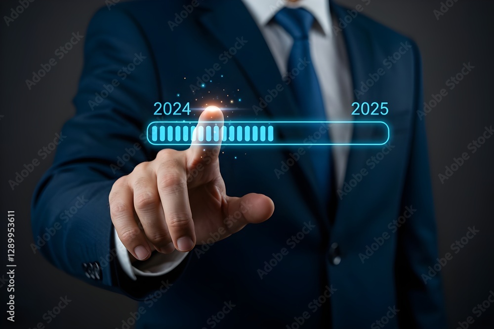 Businessman Pointing At Glowing Blue 2024-2025 Progress Bar Businessman Pointing At Glowing Blue 2024-2025 Progress Bar