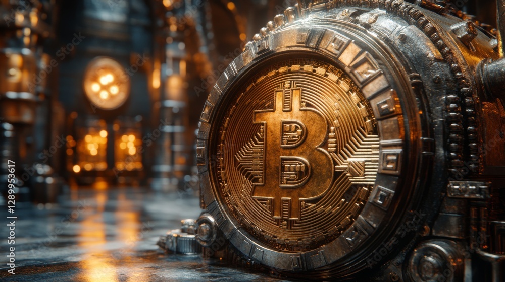 Fototapeta premium Intricate Bitcoin Symbol in a Futuristic Vault Setting