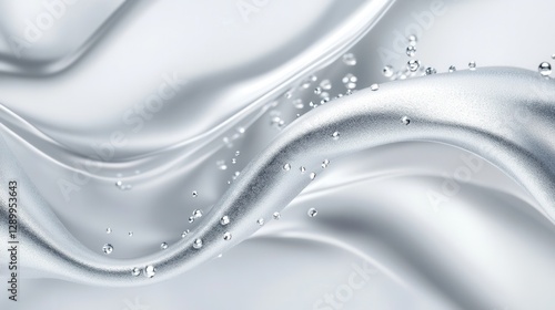 Abstract Silver Fabric Wave with Water Droplets, Liquid Metal Background