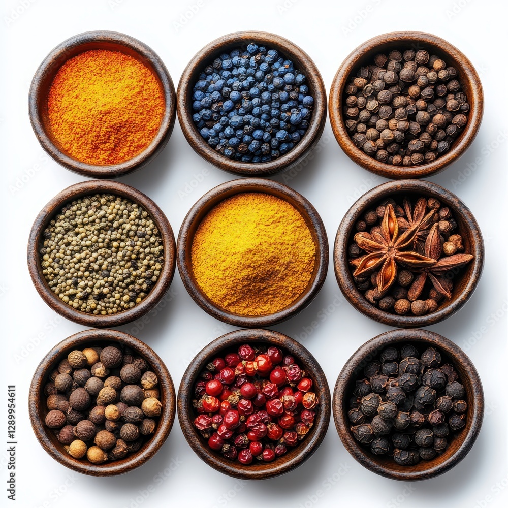 Colorful Variety of Spices in Wooden Bowls on a White Background Showcase Natural Ingredients for Cooking and Culinary Preparation Colorful Variety of Spices in Wooden Bowls on a White Background Showcase Natural Ingredients for Cooking and Culinary Preparation