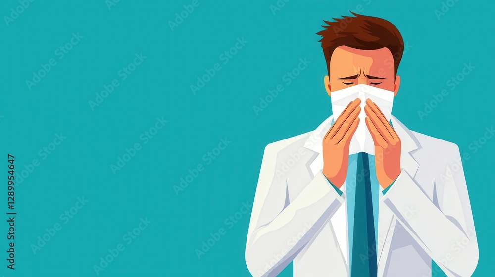 Man covering his nose while sneezing into a handkerchief to prevent the spread of illness Man covering his nose while sneezing into a handkerchief to prevent the spread of illness
