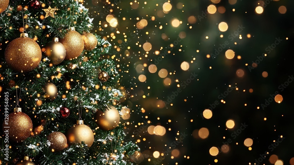 A verdant canvas, adorned with a resplendent Christmas tree, its golden ornaments shimmering under the warm glow of sparkling lights, snowflakes swirling gracefully, creating a festive atmosphere A verdant canvas, adorned with a resplendent Christmas tree, its golden ornaments shimmering under the warm glow of sparkling lights, snowflakes swirling gracefully, creating a festive atmosphere