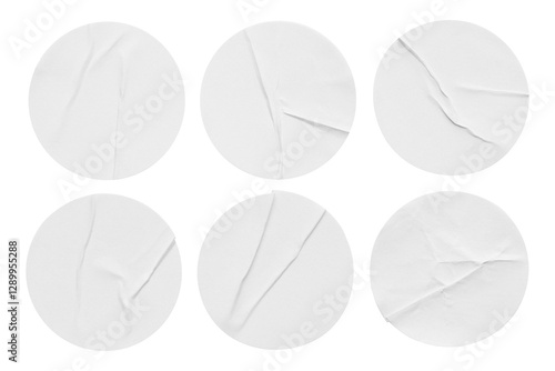 collection of white mockup round crumpled stickers set, white paper, adhesive or labels, wrinkled plastic stickers on transparent background, blank template of labels or price tags. clipping path.
