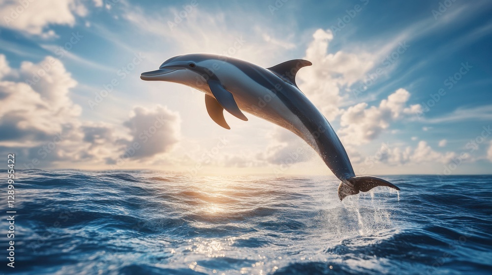 Fototapeta premium Dolphin Leaping Above Ocean Waves Under Beautiful Sunset Sky