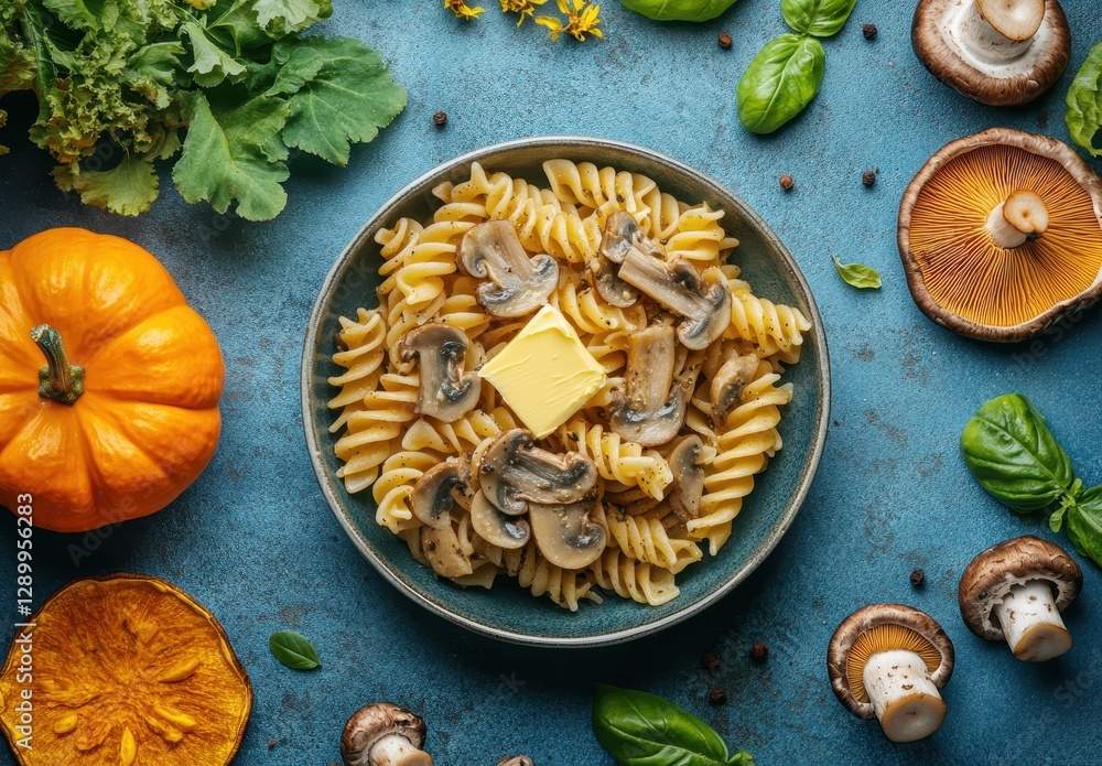 Fototapeta premium Creamy Mushroom Pasta with Butter and Fresh Vegetables on a Rustic Blue Background