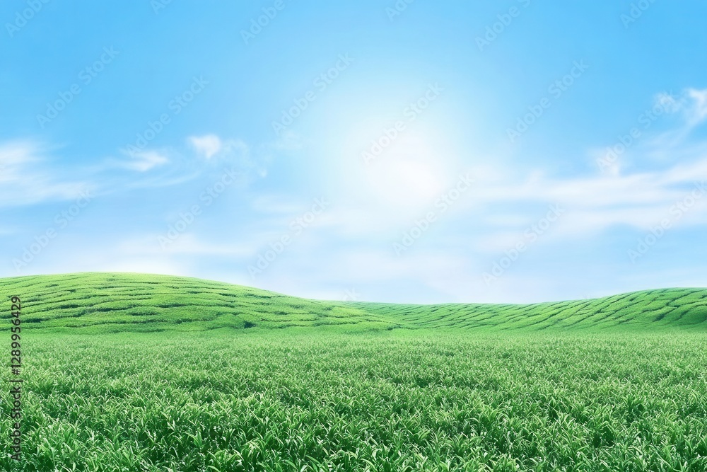Serene Green Field Landscape with Rolling Hills and Bright Blue Sky Serene Green Field Landscape with Rolling Hills and Bright Blue Sky
