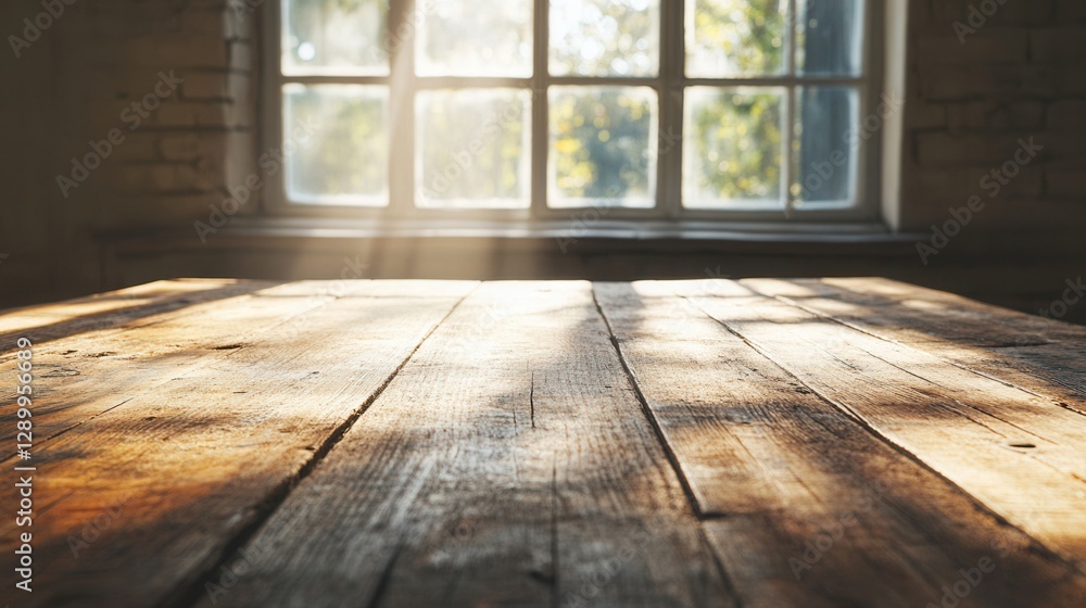 Rustic Wooden Table in Sunlit Room, Perfect for Product Mockups and Backgrounds Rustic Wooden Table in Sunlit Room, Perfect for Product Mockups and Backgrounds