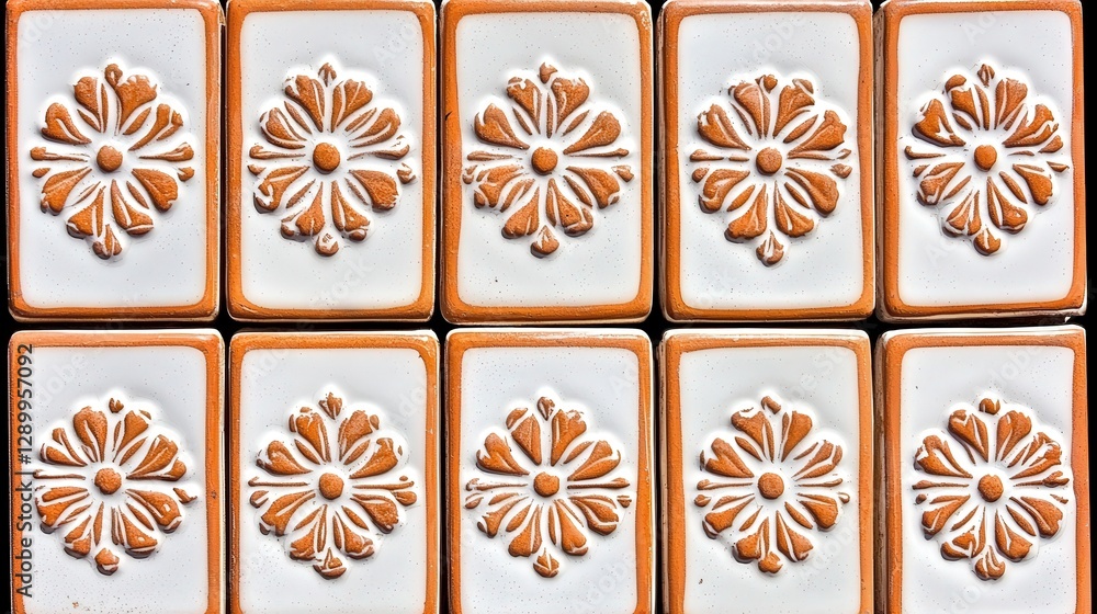 Renaissance-style white porcelain tiles with intricate golden borders forming a repeating floral pattern, illuminated by warm sunlight Renaissance-style white porcelain tiles with intricate golden borders forming a repeating floral pattern, illuminated by warm sunlight