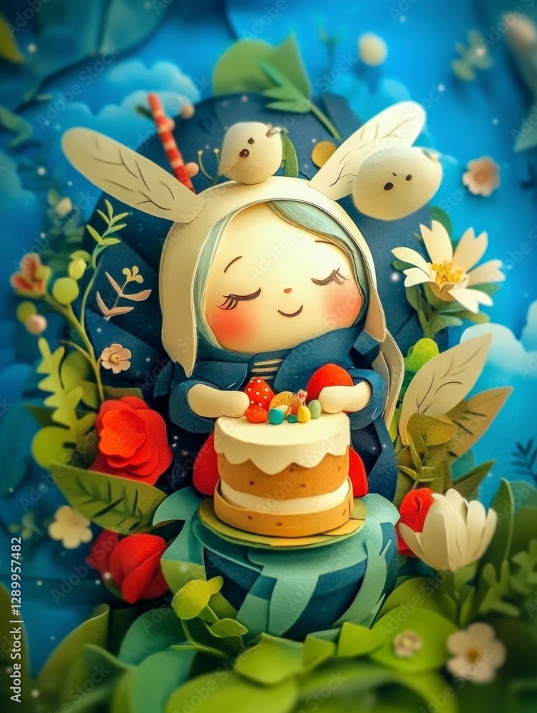 Naklejka premium Cute Fairy Papercut Art Birthday Cake Flowers Pastel Colors