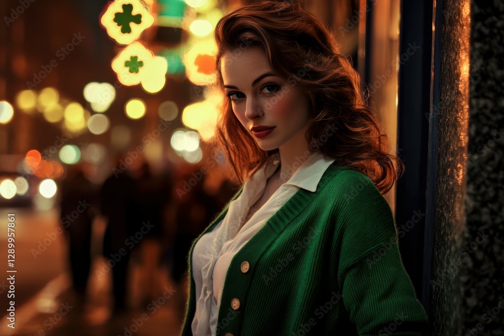 St. Patrick's Day, portrait of a woman in a chic green cardigan over a white blouse, with her head turned to the side in a playful expression, against a glowing street parade backdrop. St. Patrick's Day, portrait of a woman in a chic green cardigan over a white blouse, with her head turned to the side in a playful expression, against a glowing street parade backdrop.