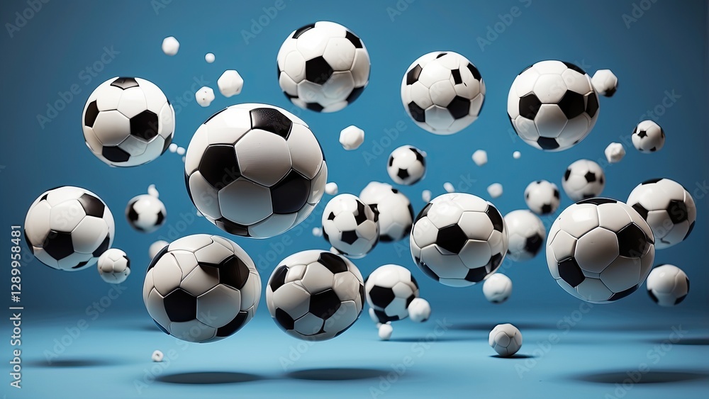 A collection of soccer balls appears to be floating against a solid light blue background. A collection of soccer balls appears to be floating against a solid light blue background.