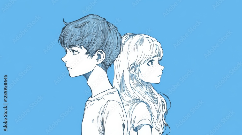 Line art drawing of two anime characters, a male and a female with blonde hair, in love, set against a blue background Line art drawing of two anime characters, a male and a female with blonde hair, in love, set against a blue background