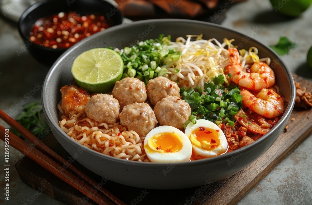 Delicious and colorful bowl of noodles with shrimp, meatballs, and fresh vegetables garnished with lime and herbs on rustic wooden table Delicious and colorful bowl of noodles with shrimp, meatballs, and fresh vegetables garnished with lime and herbs on rustic wooden table