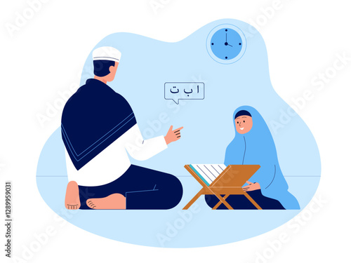 Muslim father teaching Koran to little hijab girl Illustration. Moslem illustration. Flat vector illustration concept