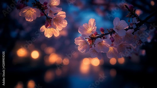 Serene Twilight Sakura Blossoms with Soft Glowing Lights