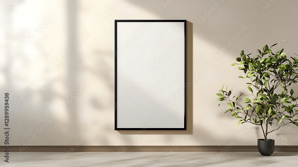 Minimalist interior with a blank frame on the wall and a potted plant beside it. Minimalist interior with a blank frame on the wall and a potted plant beside it.