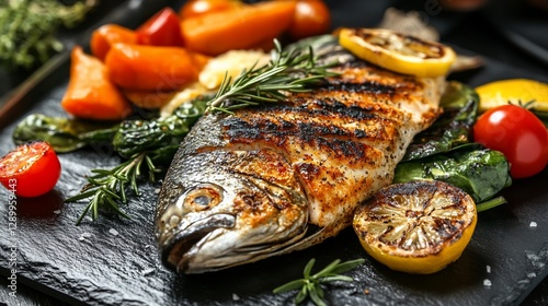 Grilled fish with lemon, rosemary, and vegetables.