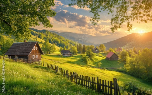 Scenic Sunrise over Bucovina, Romania Traditional Wooden Houses in Rolling Green Hills with a Wooden Fence.