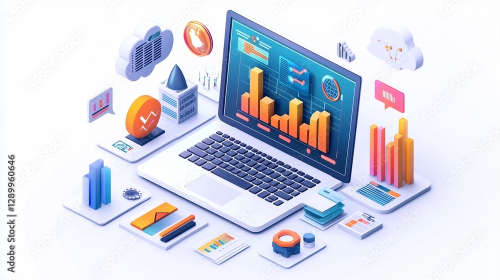 Business Analytics Dashboard on Laptop Displaying Data Visualization Charts and Graphs for Cloud Computing and Financial Performance Business Analytics Dashboard on Laptop Displaying Data Visualization Charts and Graphs for Cloud Computing and Financial Performance
