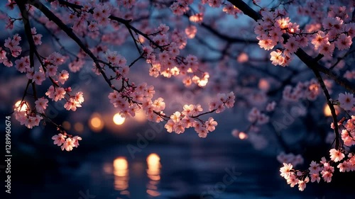 Serene Twilight Sakura Blossoms with Soft Glowing Lights