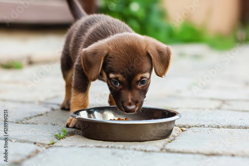 A puppy excitedly eats from its food bowl, wagging its tail, Its tiny ears perk up as it hears a sound, Generative AI