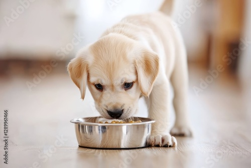 A puppy excitedly eats from its food bowl, wagging its tail, Its tiny ears perk up as it hears a sound, Generative AI