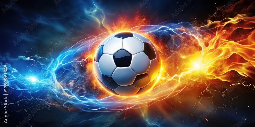 Naklejka premium Soccer ball surrounded by a halo of flames and lightning illuminating the night sky with vibrant colors and dynamic movement
