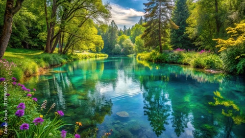 Water flows gently through a peaceful turquoise river surrounded by lush greenery and vibrant wildflowers in a serene forest setting , landscape, reflection