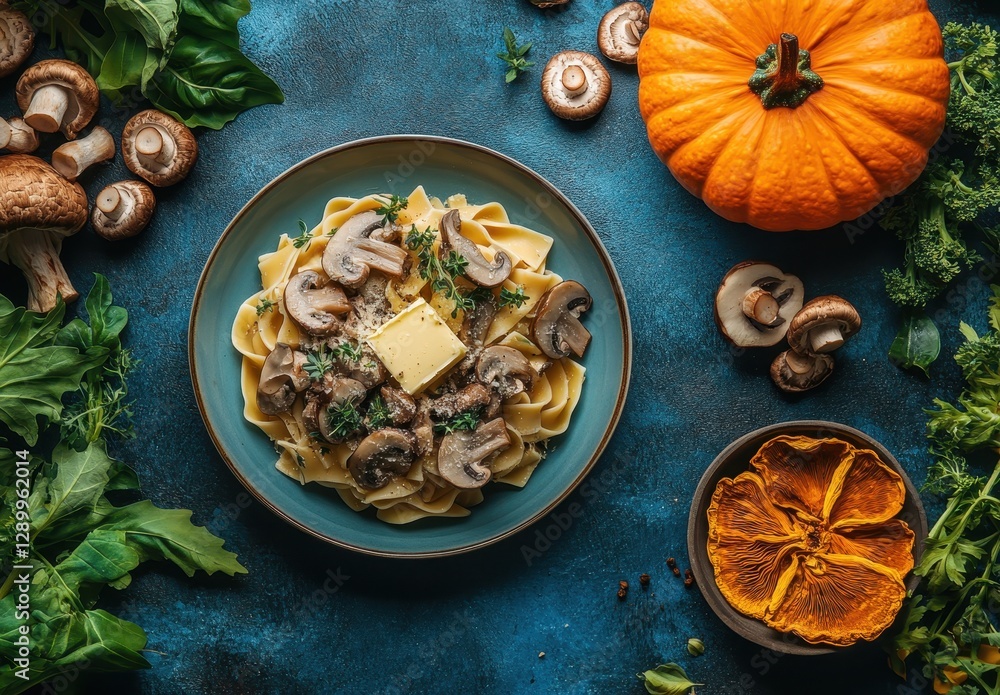 Fototapeta premium Delicious fettuccine pasta with creamy mushroom sauce, fresh herbs, and butter served with pumpkin and dried mushrooms on a blue rustic background
