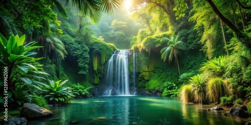 Jungle paradise with serene waterfall, tranquility, lush greenery,  tranquility, lush greenery
