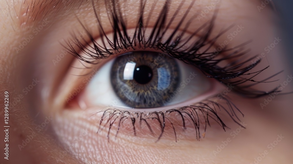 Fototapeta premium Mesmerizing Close - Up: A Female Eye Adorned with Long Eyelashes