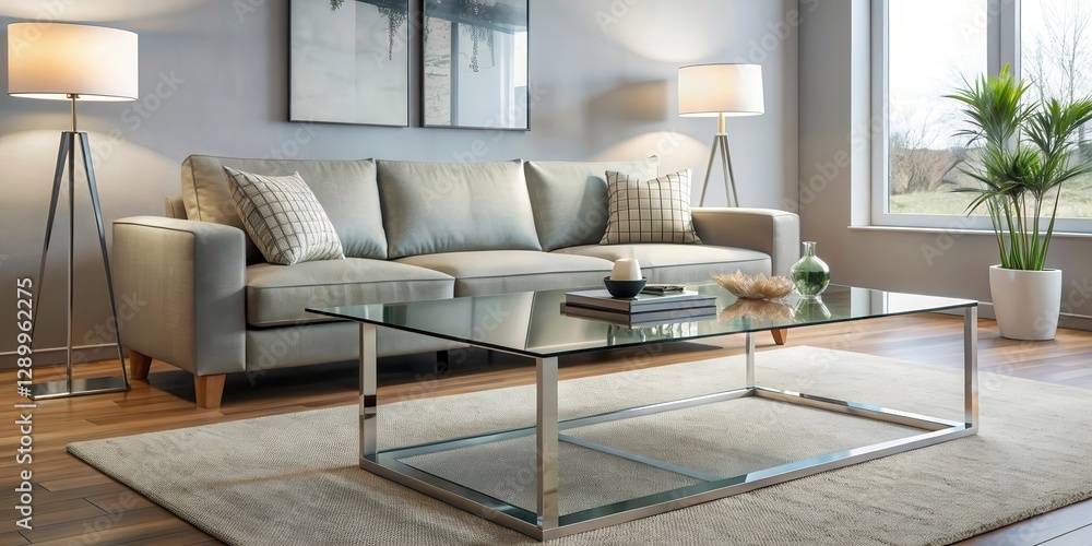 A sleek, minimalist coffee table with a glass top and metal legs in a modern living room, with a floor lamp standing behind it, living room decor, coffee table A sleek, minimalist coffee table with a glass top and metal legs in a modern living room, with a floor lamp standing behind it, living room decor, coffee table
