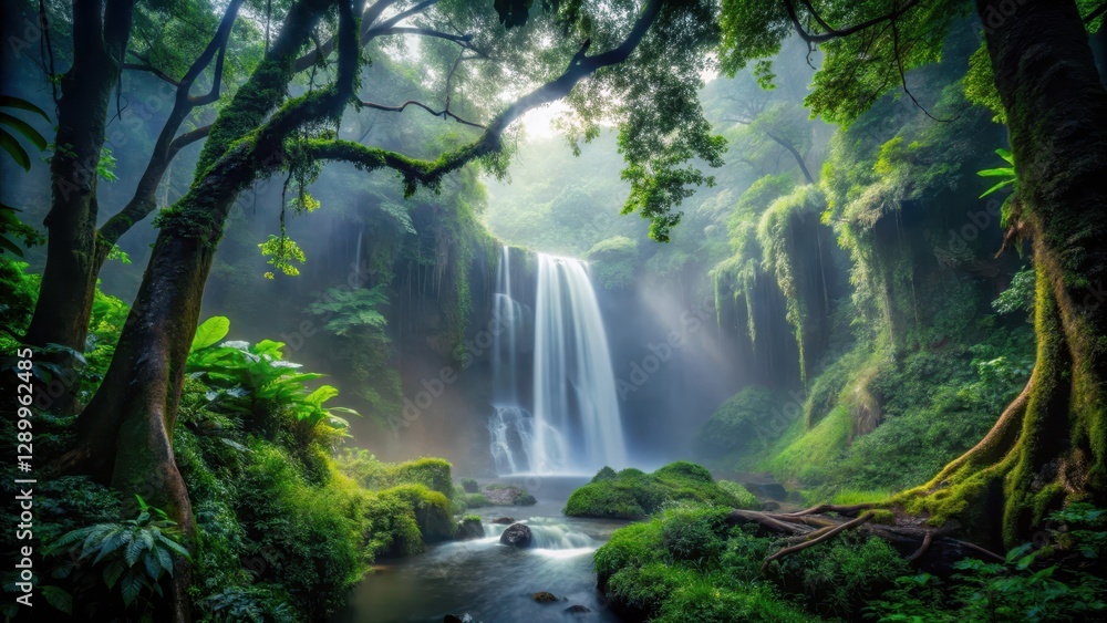 Dense foliage surrounds a misty waterfall in the heart of a dark jungle, with ancient tree trunks stretching towards the canopy above , jungle, darkness Dense foliage surrounds a misty waterfall in the heart of a dark jungle, with ancient tree trunks stretching towards the canopy above , jungle, darkness
