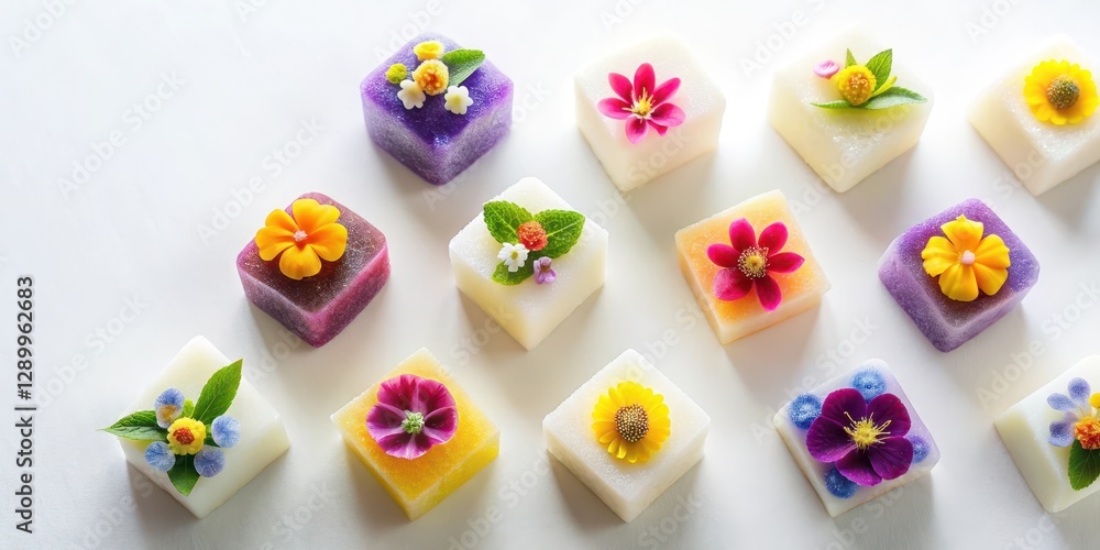 Simple geometric shapes made from colored sugar and decorated with edible flowers on a minimalist white background, edible decorations, sugar art Simple geometric shapes made from colored sugar and decorated with edible flowers on a minimalist white background, edible decorations, sugar art