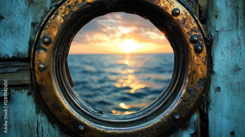 Sunset view through old ship porthole.