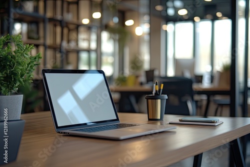 Wallpaper Mural Modern laptop on office desk with plants and supplies Torontodigital.ca