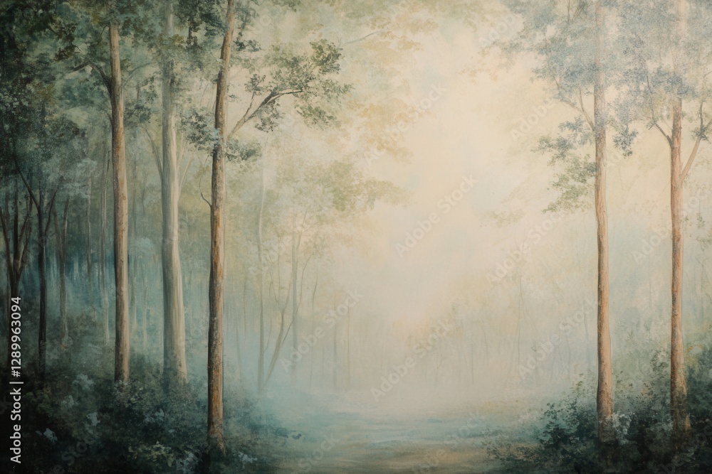 Fototapeta premium Impressionistic Oil Painting of a Misty Forest with Tall Trees and Ethereal Light.